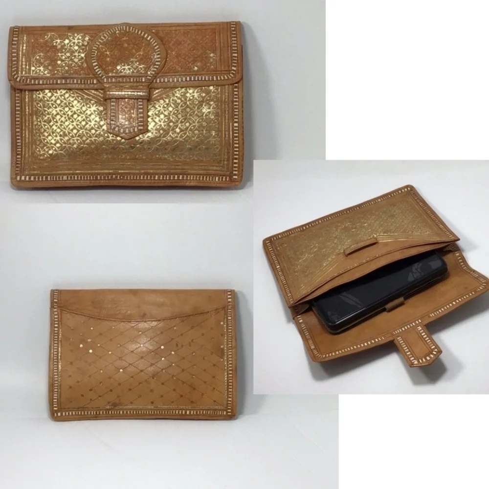 Vintage Moroccan Hand-Tooled Tooled Leather Gold Leaf Clutch & Wallet.